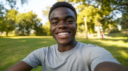 Man smiling and taking a selfie post-workout in vibrant green urban park. AI generated