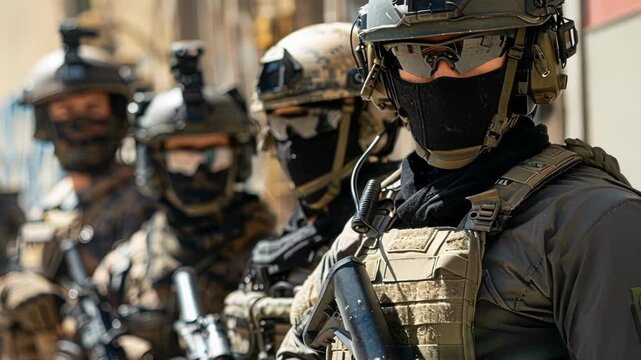 Highly trained soldiers in tactical gear and weapons stand ready in urban setting. Armed and determined, they epitomize strength and resilience