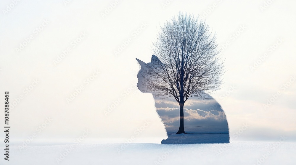 Poster a serene double exposure image blending a cat's silhouette with a tree against a soft background.