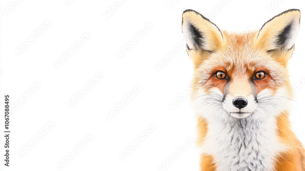 Poster a close-up image of a fox with striking orange fur and sharp features, showcasing its curious expres