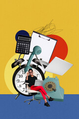 Vertical poster collage young woman office worker employee laptop digital device workload time...