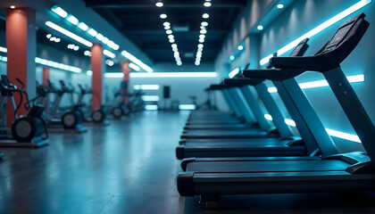 Fototapeta premium treadmill in a fitness studio with light accents along the walls