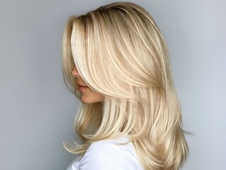 Fototapeta premium A woman with long blonde hair is shown from the back