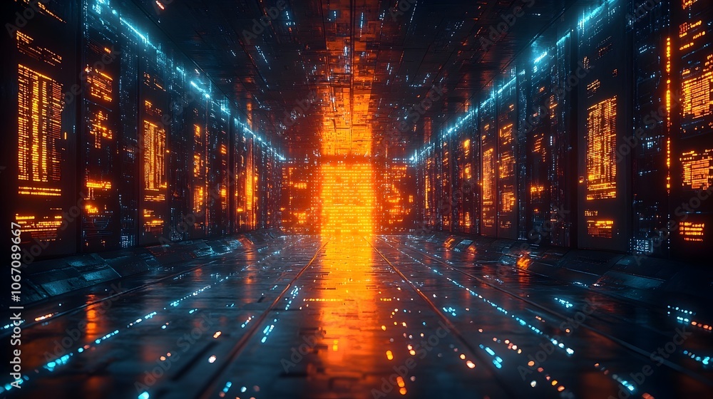 Poster futuristic digital cityscape with glowing neon-lit tunnel corridor and illuminated,abstract architec
