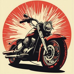 A red motorcycle with a white headlight and black handlebars against a red and white sunburst background.