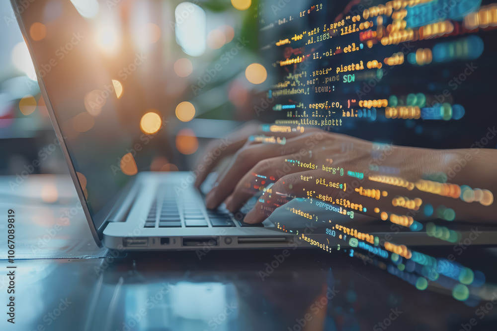 Poster a software developer writes code to develop ai software on a laptop for a company.