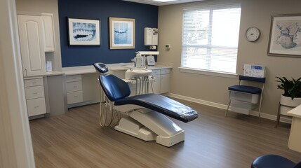 A serene dental office with modern equipment, bright lighting, and comfortable seating, ready for patient care in a welcoming atmosphere