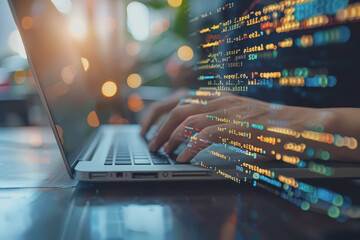 A software developer writes code to develop AI software on a laptop for a company.