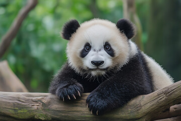 Obraz premium A cute panda lounges on a tree branch, showcasing its fluffy fur and distinctive black and white appearance.