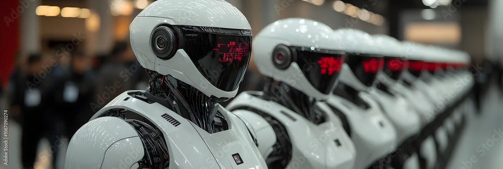 Fototapete futuristic robotic humanoids lined up in a row,representing the concept of intelligence,and technolo