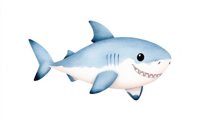 Obraz premium A cute, cartoonish shark with a blue body and a friendly smile swims against a white background.