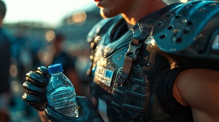 Player adjusting pads before game with nearby gear in focus