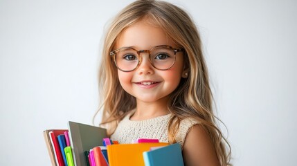 Fototapeta premium Smiling girl with glasses holds books.