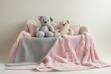Newborn photography background - bed with knitted blankets and knitted toys
