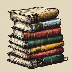A stack of vintage books with different colored spines, illustrated in a hand-drawn style.