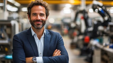 Confident industrial manager in a modern manufacturing facility during a productive daytime shift surrounded by advanced robotics