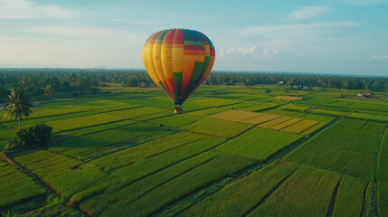 Obraz premium An aerial photo capturing hot air balloons drifting over the picturesque wine region near the Hunter Valley Gardens at sunrise.