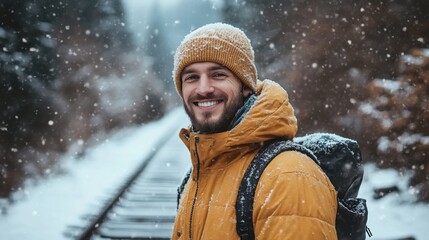 Fototapeta premium A joyful traveler smiles warmly amidst falling snow on a wintery railway track in a serene forest landscape