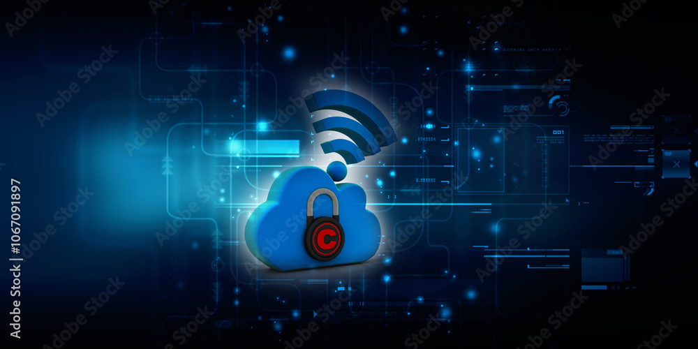 Poster 3d rendering cms cloud with copyright lock
