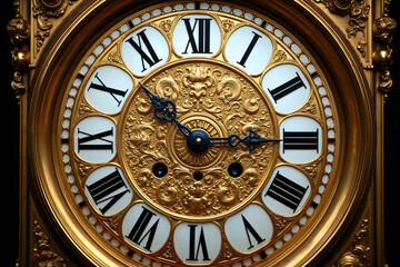 A vintage decorative clock face with gilded gold surface, adorned with intricate handcrafted design and floral motif. A royal timepiece with roman numerals, opulent, from European Renaissance times.