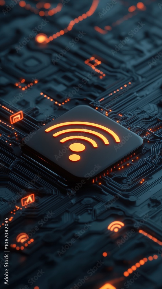 Poster glowing wifi signal surrounded by warning icons, [risk of insecure connection], [digital safety conc