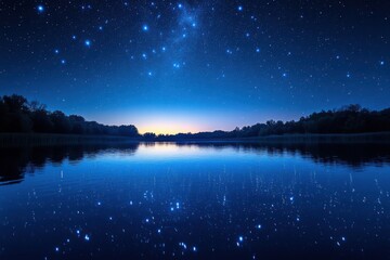 Starry night sky over a lake with trees and a lake