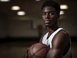 A young man holding a basketball in a gymnasium