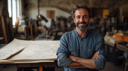 Obraz premium A smiling craftsman stands confidently in his workshop surrounded by wooden creations and blueprints during daylight