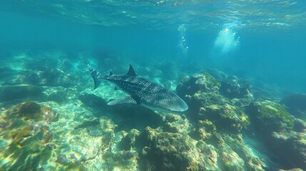 Fototapeta premium Scuba diving in the Galapagos Islands alongside a whale shark the size of a school bus 