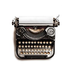 Vintage typewriter with blank paper isolated on white background.