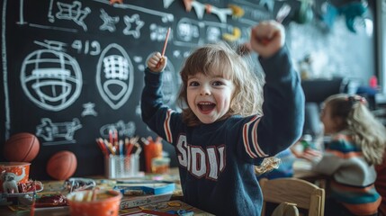 Children creating team logos for Super Bowl party on chalkboard