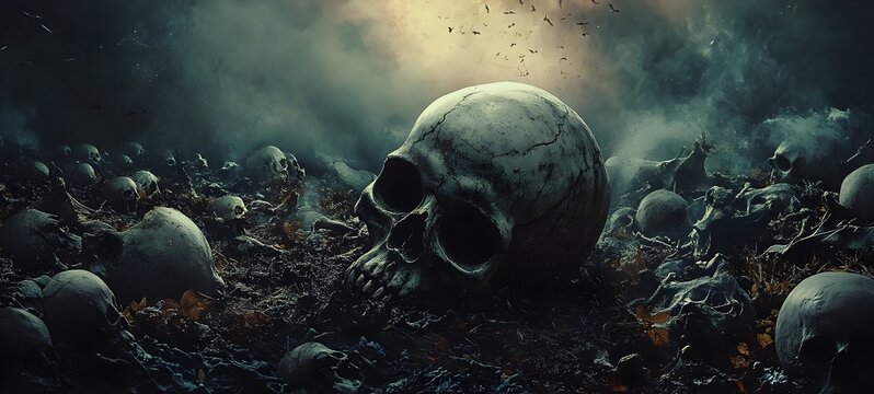 Haunting skeletal landscape of an abandoned,post-apocalyptic dystopian world,with an ominous,gloomy atmosphere and surreal,moody ambiance. The scene depicts a desolate.