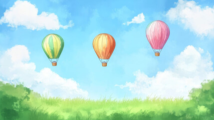 Obraz premium A picturesque scene with multicolored hot air balloons soaring through a bright blue sky adorned with fluffy white clouds. 