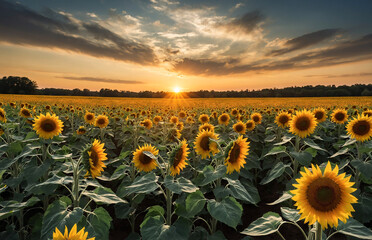 Obraz premium Field of sunflowers facing toward the sun
