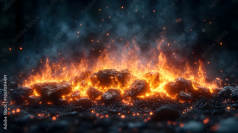 Poster intense and raging wildfire engulfing the landscape with towering flames,scorching heat,and billowin