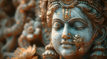 Fototapeta premium Mesmerizing digital background featuring an intricate,colorful mandala-style pattern with Hindu-inspired cultural and spiritual elements. The ornate,symmetrical design creates a serene.