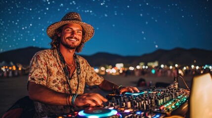 A joyful DJ creating magic under a starry sky at a vibrant outdoor festival in the desert night