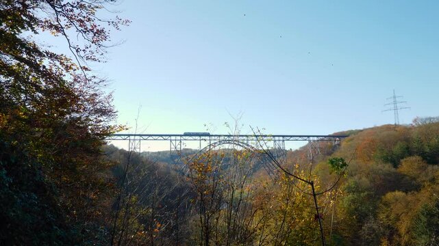 architecture, autumn, bergisches land, blue, bridge, building, construction, europe, forest, germany, green, high-voltage pylons, historical, landmark, landscape, local traffic, locomotive, long-dista