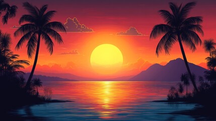 Obraz premium Sunset over a tranquil tropical lagoon with palm trees silhouetted against the sky.