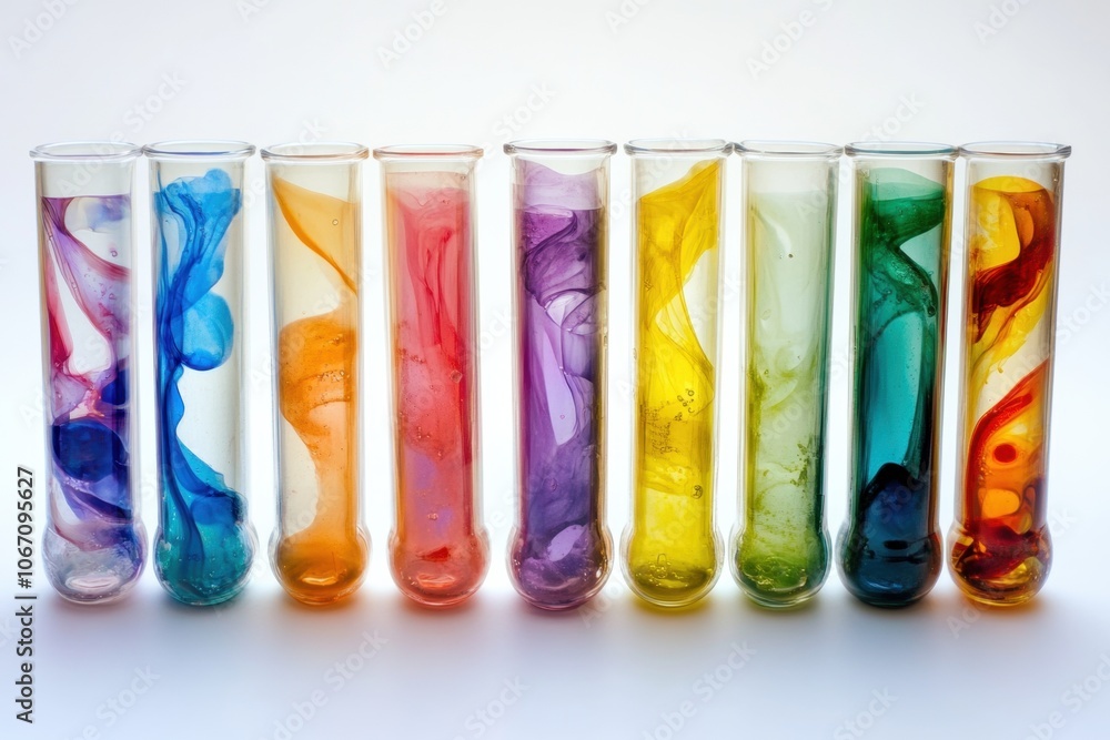 Poster test tubes filled with colorful chemical substances creating swirls in laboratory setting