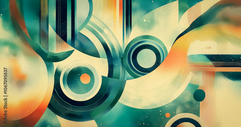Poster an abstract illustration showcasing 1970s-style circular and linear forms in teal and orange, evokin