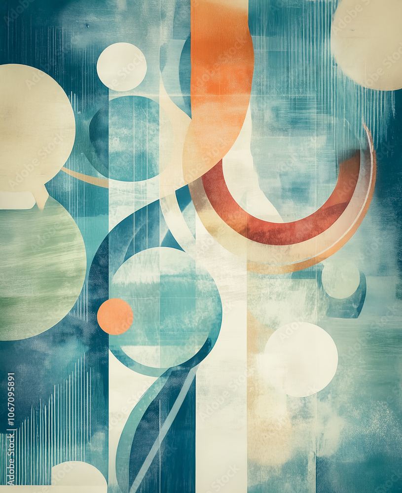 Poster an artistic composition of circular and linear shapes in teal and orange, blending 1970s-inspired re