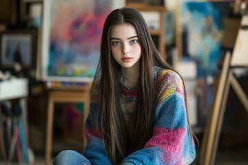 Fototapeta premium A teenage girl standing She has long, straight dark hair with colorful streaks of blue and pink and bright blue eyes. 