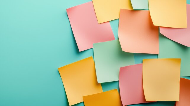 A vibrant arrangement of sticky notes in pastel colors on a teal background, showcasing creativity and organization.
