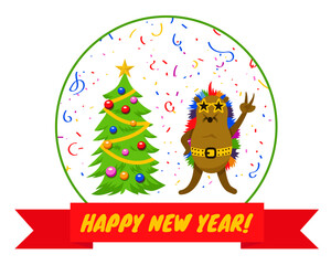 Funny hedgehog  in star-shaped dark glasses  celebrates New Year. Hedgehog with colorful needles. New Year and Christmas greeting card with red ribbon and written text "Happy New Year".