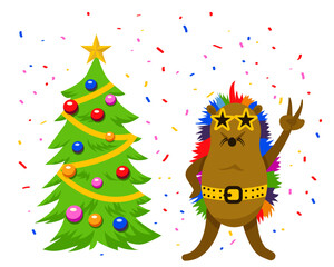 Funny hedgehog  in star-shaped dark glasses  celebrates New Year. Hedgehog with colorful needles. New Year and Christmas greeting card.