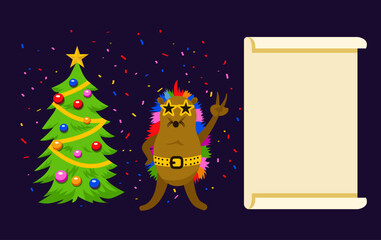 Funny hedgehog in star-shaped dark glasses celebrates New Year. Hedgehog with colorful needles. New Year and Christmas greeting card. Text area on dark background.
