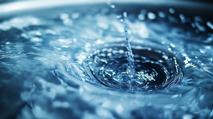Water on blue background. Water spiraling down a bathtub drain