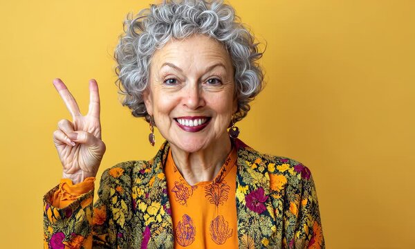 An adventurous elderly lady in her 60s with short, curly hair, wearing trendy and fashionable attire, tounge and peace sign against a bright background