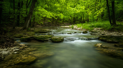 Obraz premium Serene flowing stream in lush green forest.